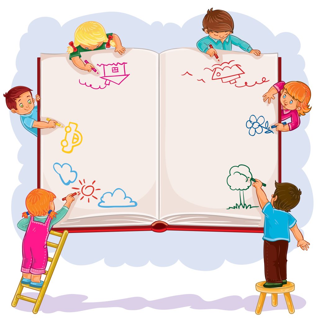 happy children draw on a large sheet of book