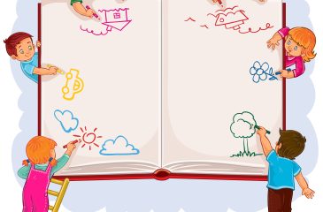 happy children draw on a large sheet of book